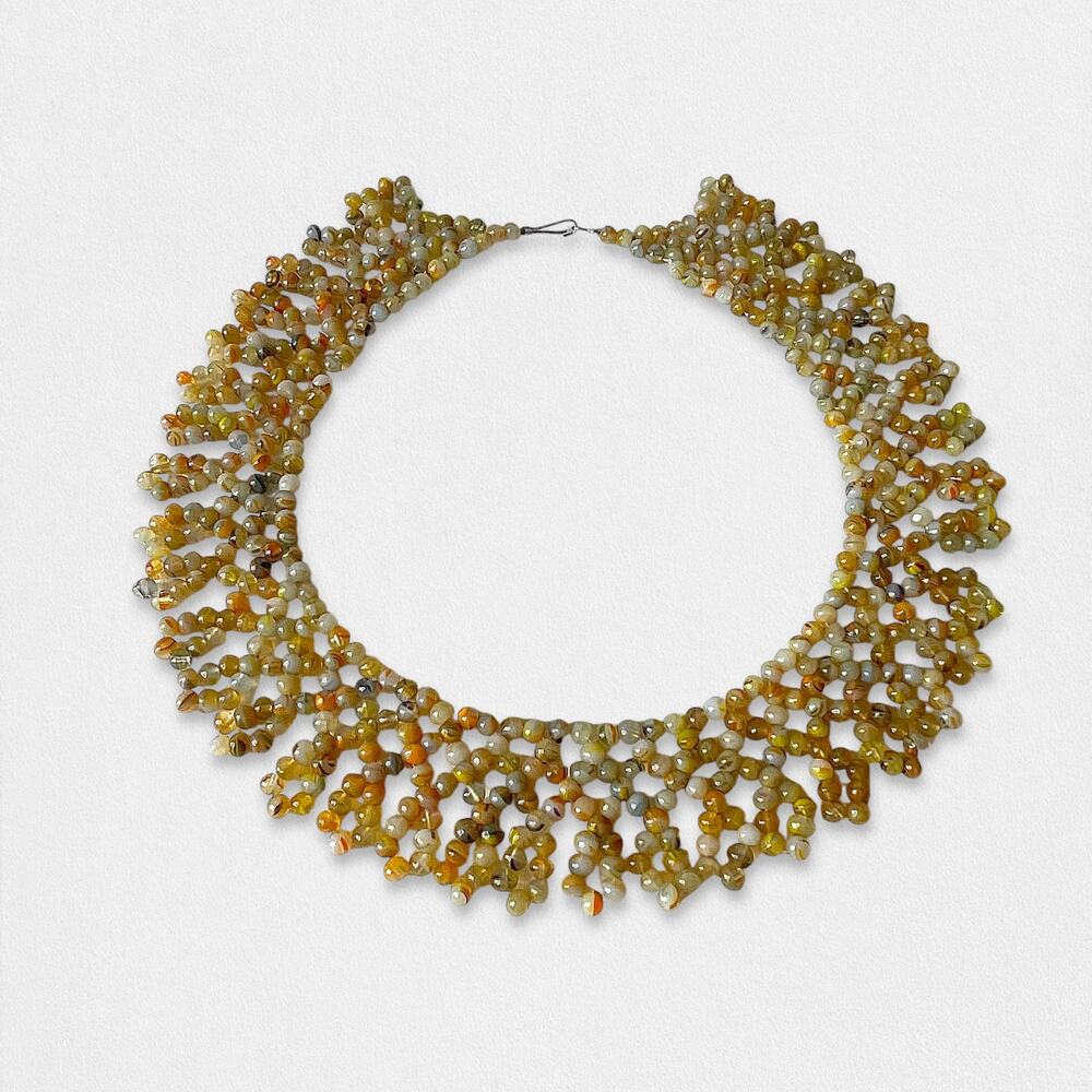 60s Glass Beads Woven Chocker Fringe Necklace Lace Collar Marbleized Looks Agate